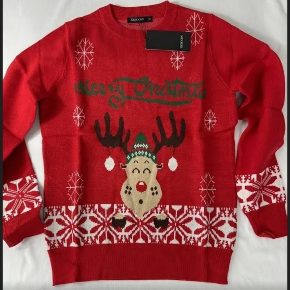 Kojooin Reindeer Ugly Christmas Sweater with Fair Isle Accents Size XL